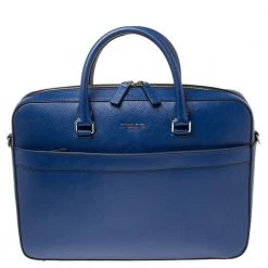 Michael Kors Sapphire Blue Leather Harrison Front Zip Briefcase For Men