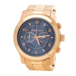 Michael Kors Blue Rose Gold Plated Stainless Steel Watch Hunger Stop Limited Edition Runway MK8358 Men's Wristwatch 45 Mm For Men