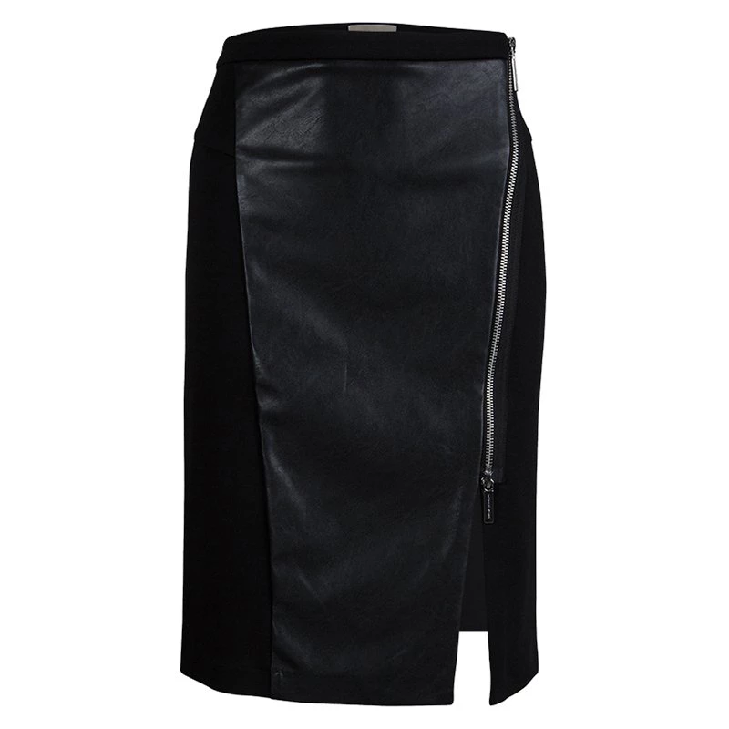 Michael Kors Black Faux Leather Panel Fitted Knee Length Skirt S For Women