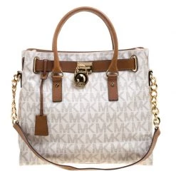 Michael Kors Micheal Kors White/Brown Leather Hamilton Satchel For Women