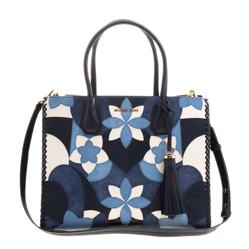 Michael Kors Navy Blue Leather & Suede Mercer Floral Patchwork Tote For Women