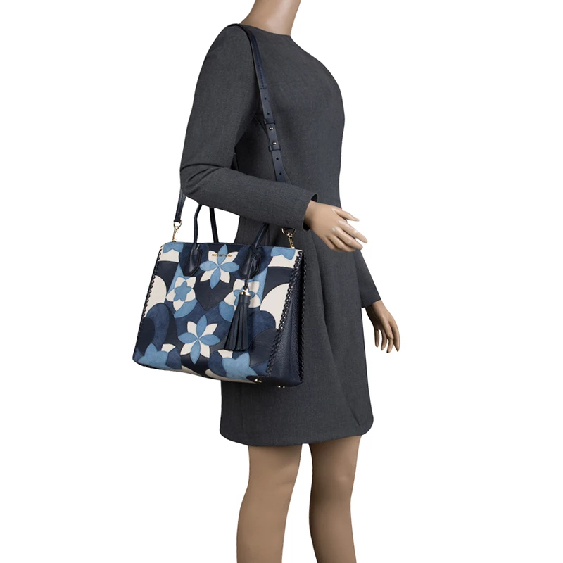 Michael Kors Navy Blue Leather & Suede Mercer Floral Patchwork Tote For Women - Image 2