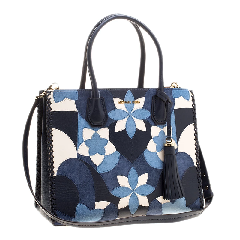 Michael Kors Navy Blue Leather & Suede Mercer Floral Patchwork Tote For Women - Image 3
