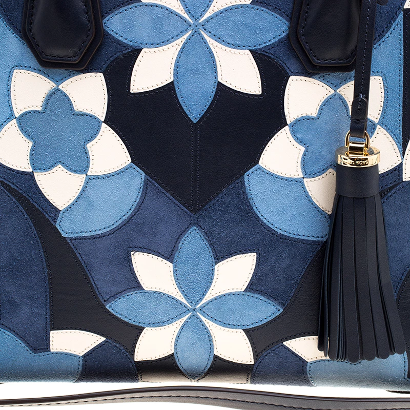 Michael Kors Navy Blue Leather & Suede Mercer Floral Patchwork Tote For Women - Image 5