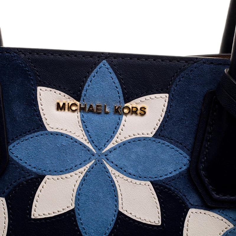Michael Kors Navy Blue Leather & Suede Mercer Floral Patchwork Tote For Women - Image 8