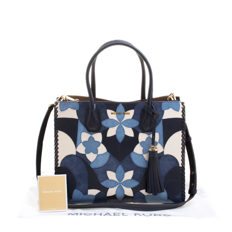 Michael Kors Navy Blue Leather & Suede Mercer Floral Patchwork Tote For Women - Image 9