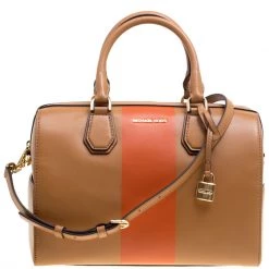 Michael Kors Tan/Orange Leather Medium Center Stripe Mercer Duffle Bag For Women