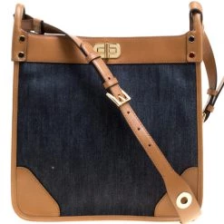 Michael Kors Navy Blue/Tan Denim And Leather Large Sullivan North South Messenger Bag For Women