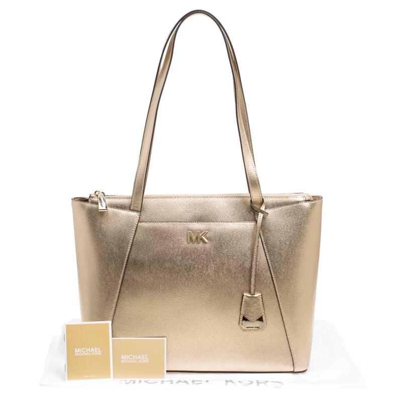 Michael Kors Light Gold Leather Maddie East West Top Zip Tote For Women - Image 9