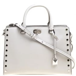 Michael Kors Light Grey Leather Large Sylvie Studded Satchel For Women