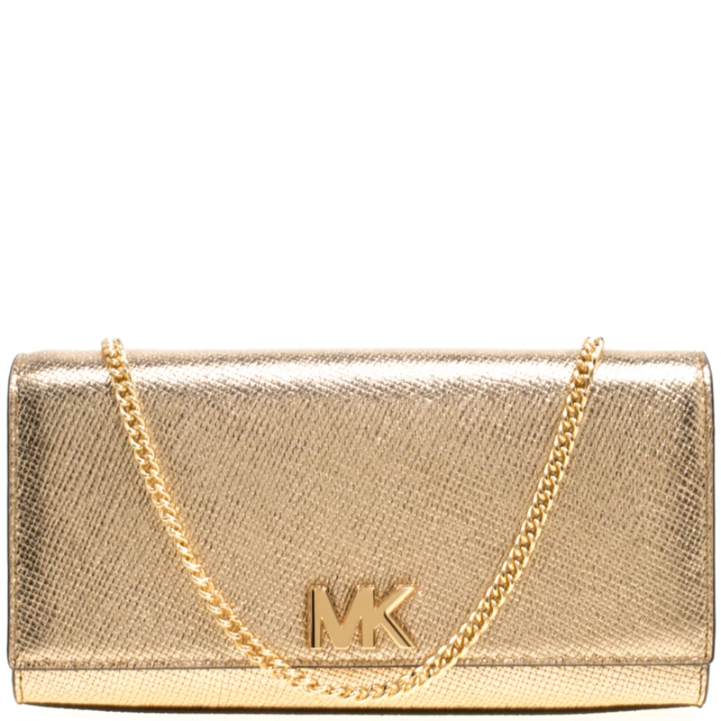 Michael Kors Light Gold Leather Mott East West Chain Clutch For Women