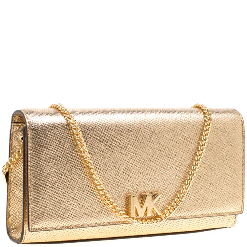 Michael Kors Light Gold Leather Mott East West Chain Clutch For Women - Image 3