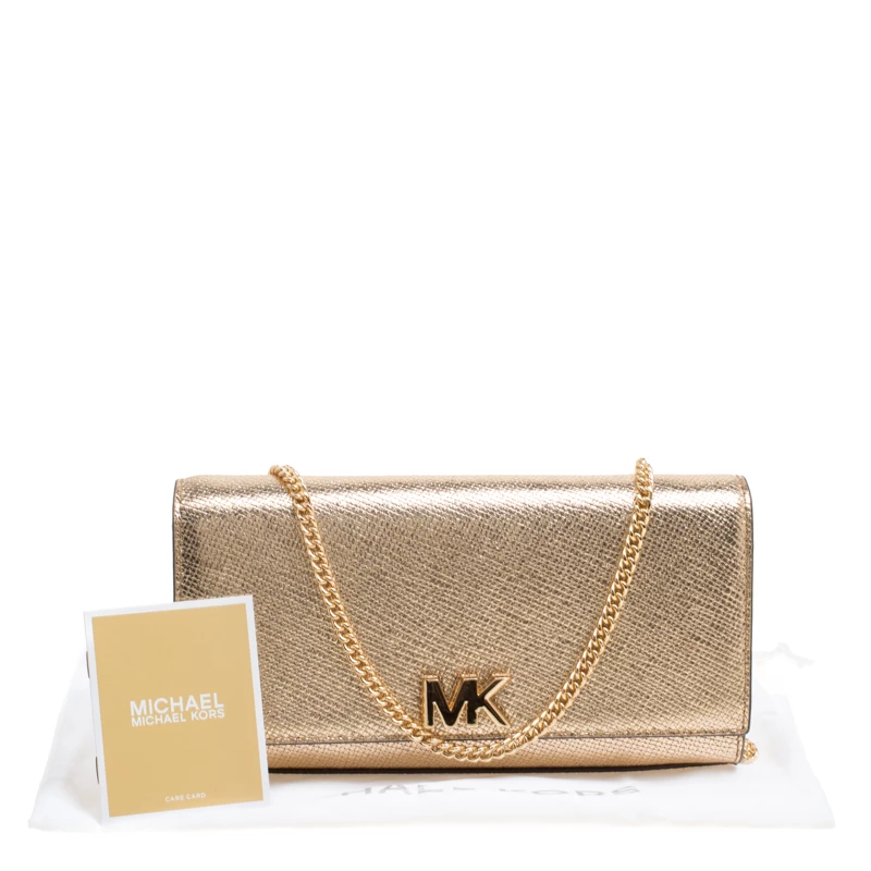 Michael Kors Light Gold Leather Mott East West Chain Clutch For Women - Image 9