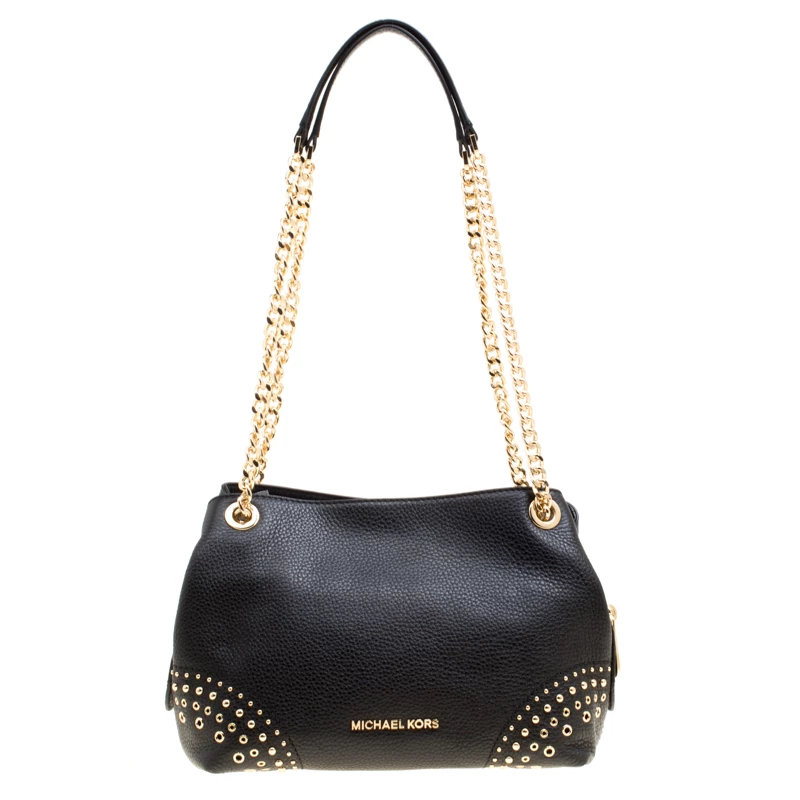 Michael Kors Black Leather Medium Studded Chain Shoulder Bag For Women