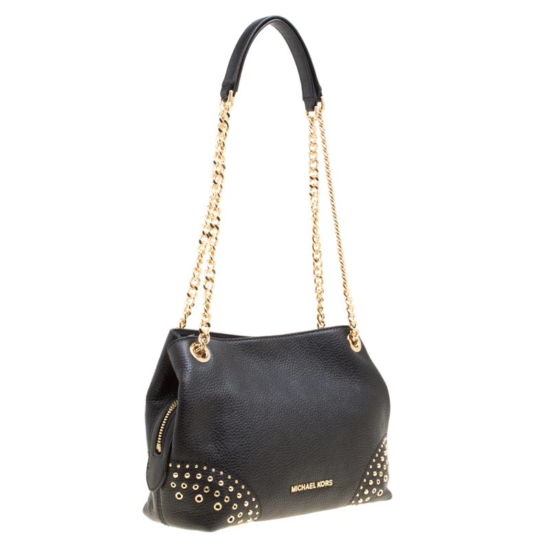 Michael Kors Black Leather Medium Studded Chain Shoulder Bag For Women - Image 3
