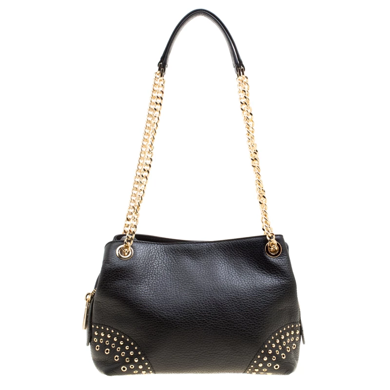 Michael Kors Black Leather Medium Studded Chain Shoulder Bag For Women - Image 4