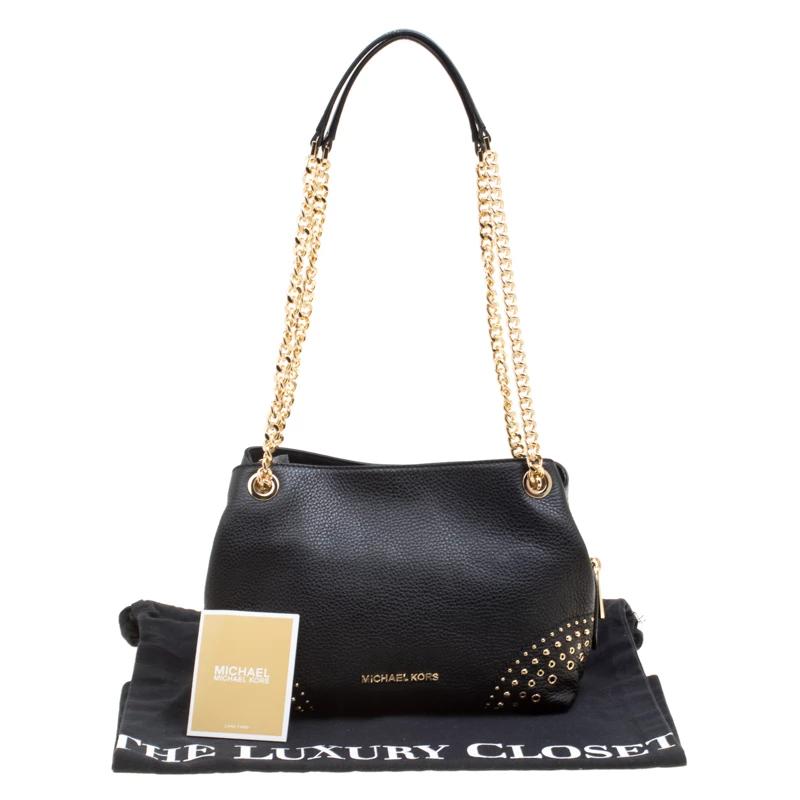 Michael Kors Black Leather Medium Studded Chain Shoulder Bag For Women - Image 9