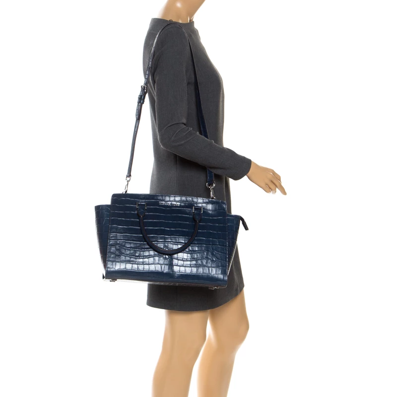 Michael Kors Navy Blue Crocodile Embossed Leather Selma Tote For Women - Image 2