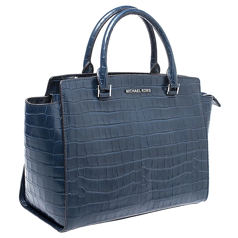 Michael Kors Navy Blue Crocodile Embossed Leather Selma Tote For Women - Image 3