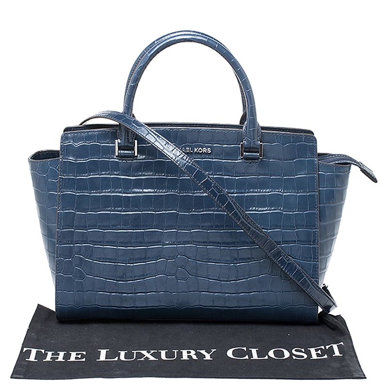 Michael Kors Navy Blue Crocodile Embossed Leather Selma Tote For Women - Image 10