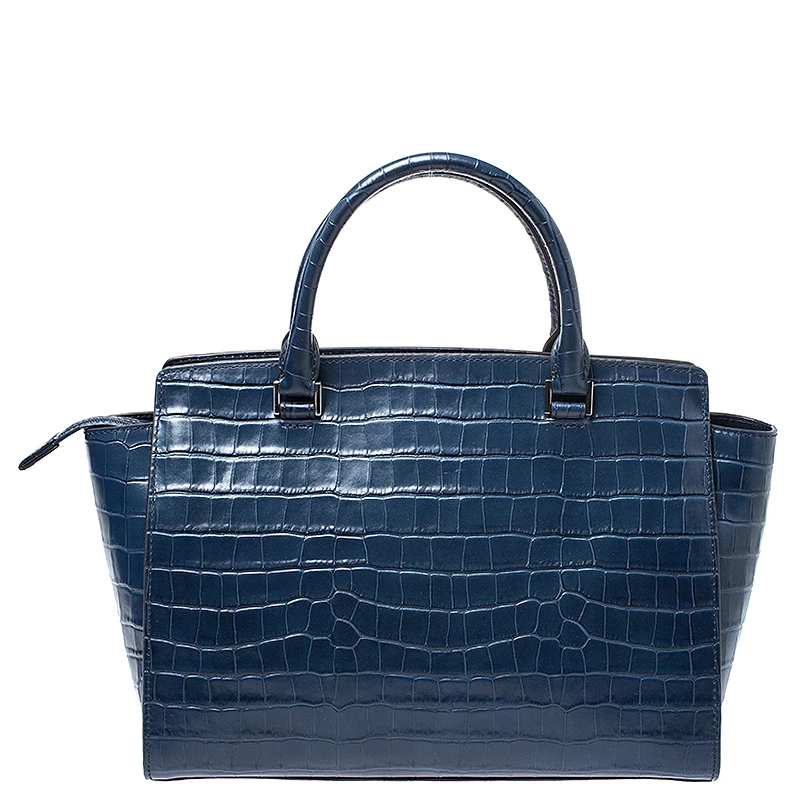 Michael Kors Navy Blue Crocodile Embossed Leather Selma Tote For Women - Image 4