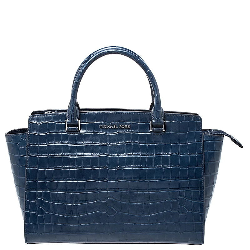 Michael Kors Navy Blue Crocodile Embossed Leather Selma Tote For Women