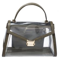 Michael Kors Clear/Olive Green PVC And Croc Embossed Leather Large Whitney Top Handle Bag For Women