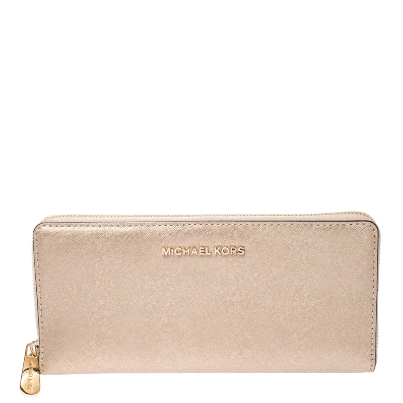 Michael Kors Metallic Gold Leather Jet Set Travel Continental Wallet For Women