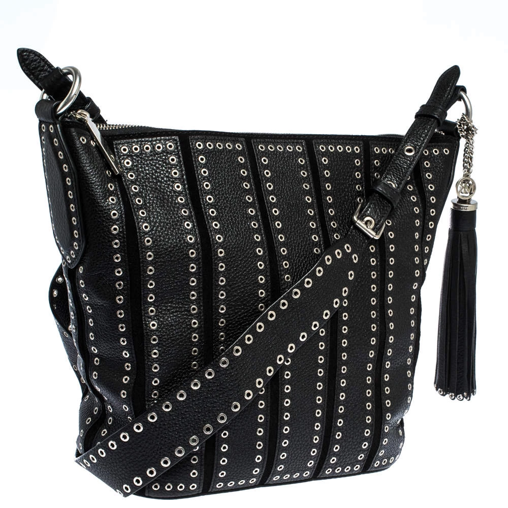 Michael Kors Black Leather Brooklyn Grommet Shoulder Bag For Women - Image 3