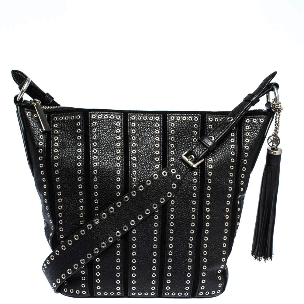 Michael Kors Black Leather Brooklyn Grommet Shoulder Bag For Women