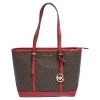 Michael Kors Red/Brown Signature Coated Canvas Small Jet Set Travel Zip Tote For Women