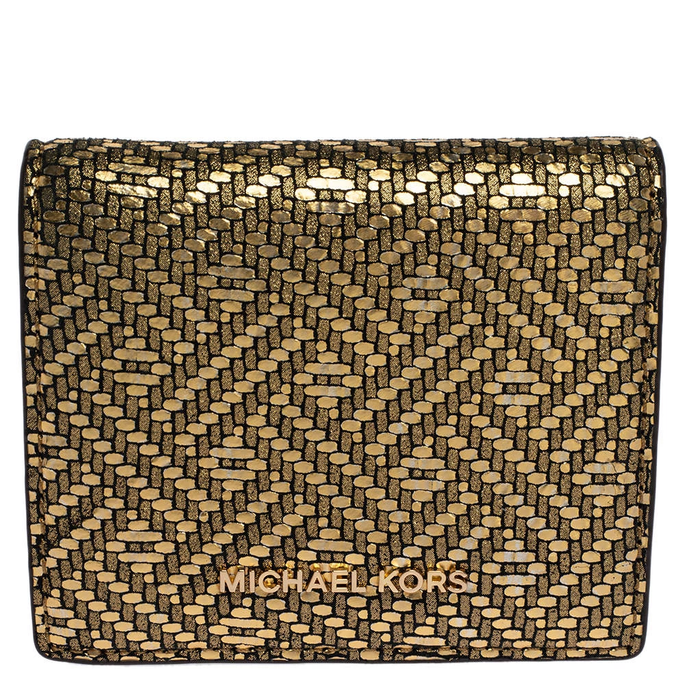 Michael Kors Gold Textured Leather Flap Card Holder For Women