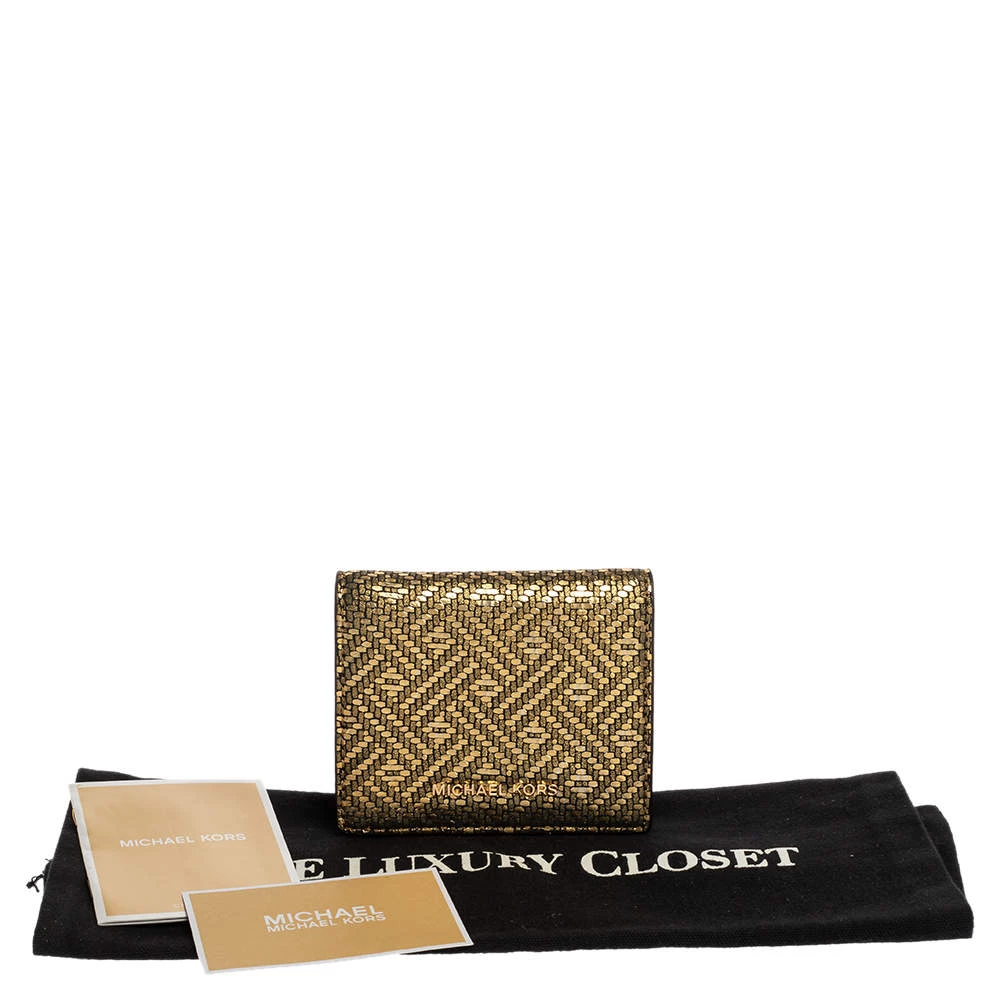 Michael Kors Gold Textured Leather Flap Card Holder For Women - Image 8
