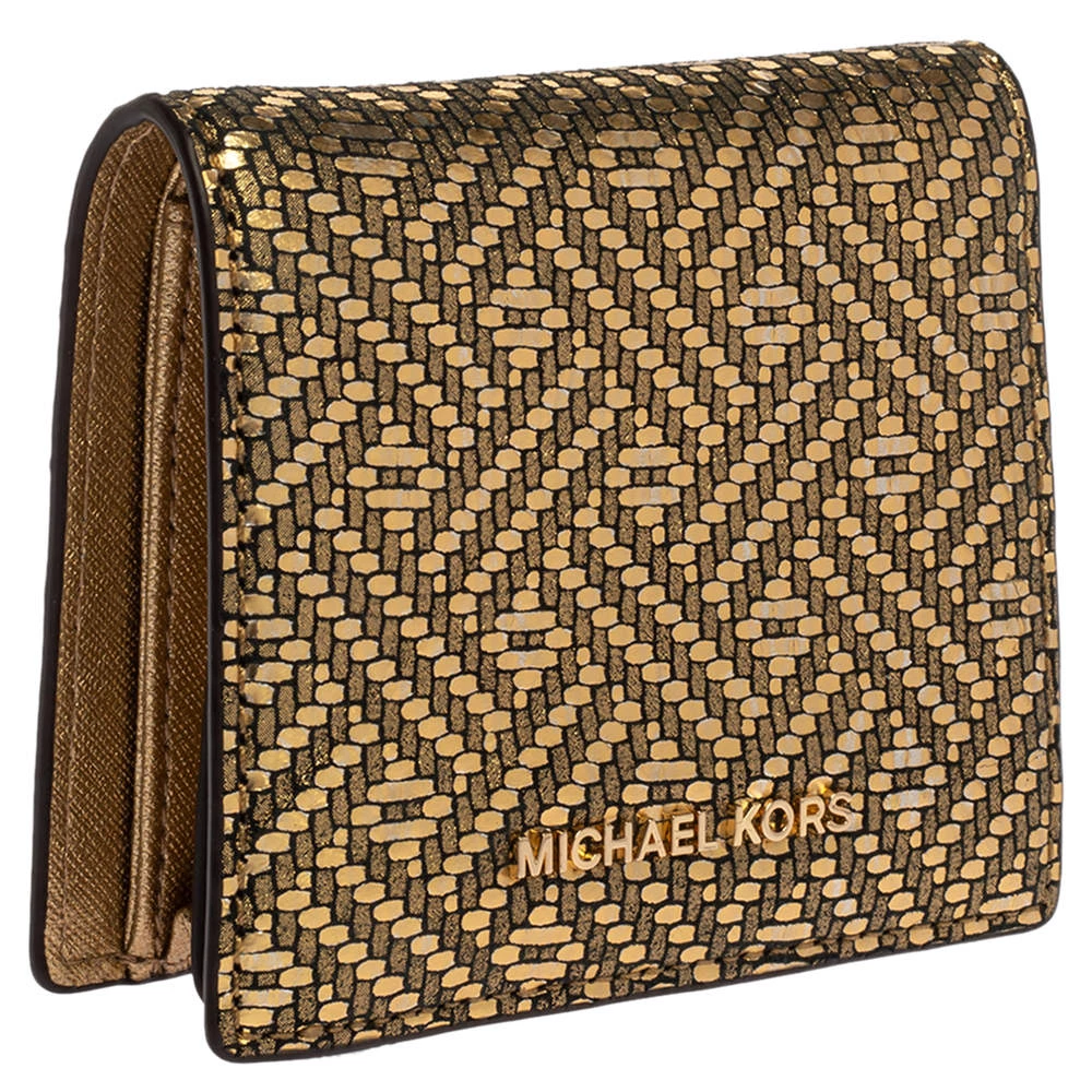 Michael Kors Gold Textured Leather Flap Card Holder For Women - Image 4
