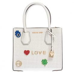 Michael Kors White Perforated Leather Mercer Love Tote For Women