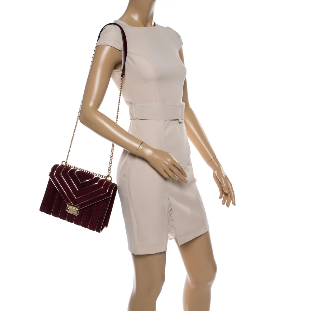 Michael Kors Maroon Quilted Suede Whitney Shoulder Bag For Women - Image 2