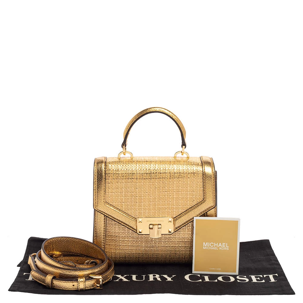 Michael Kors Gold Woven Straw And Leather XS Kinsley Top Handle Bag For Women - Image 13