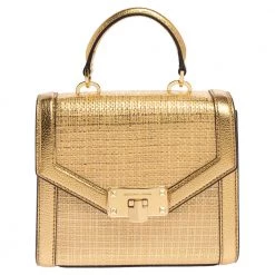 Michael Kors Gold Woven Straw And Leather XS Kinsley Top Handle Bag For Women