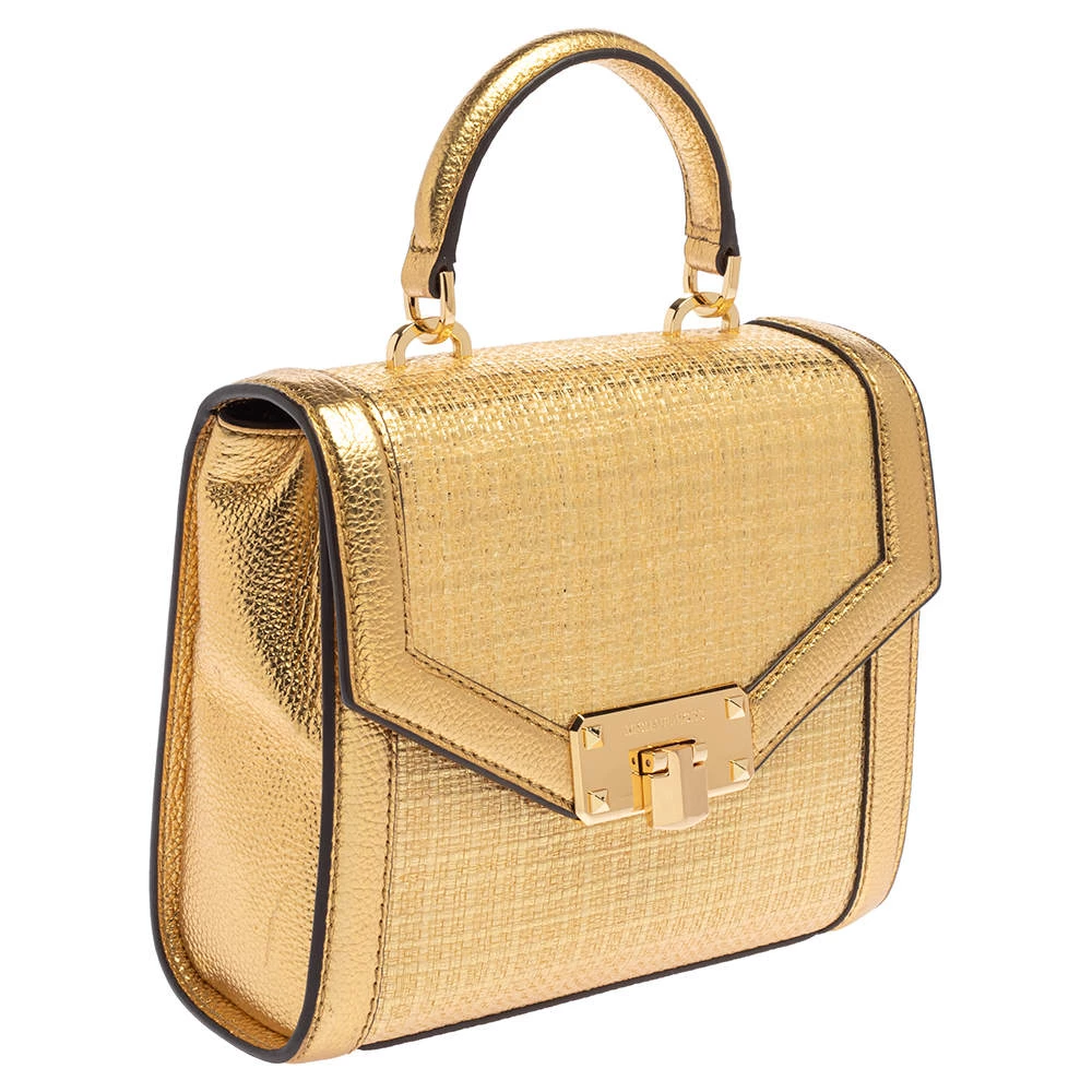 Michael Kors Gold Woven Straw And Leather XS Kinsley Top Handle Bag For Women - Image 3