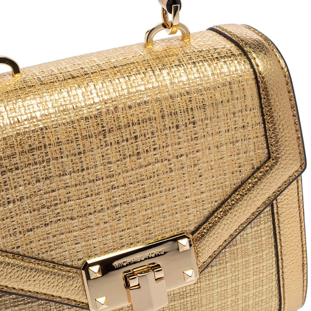 Michael Kors Gold Woven Straw And Leather XS Kinsley Top Handle Bag For Women - Image 6