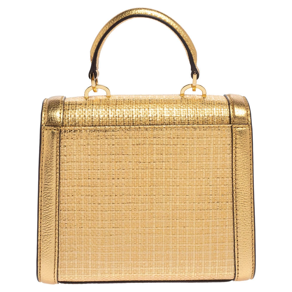 Michael Kors Gold Woven Straw And Leather XS Kinsley Top Handle Bag For Women - Image 4