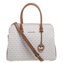 Michael Kors Ivory/Tan Signature Coated Canvas And Leather Houston Medium Satchel For Women