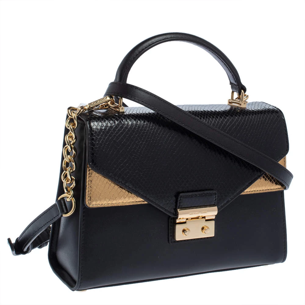 Michael Kors Black/Gold Python Embossed And Leather Sloan Top Handle Bag For Women - Image 3