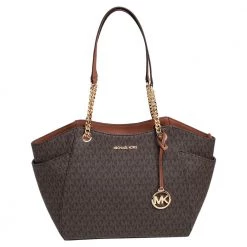 Michael Kors Brown Signature Coated Canvas Jet Set Travel Chain Tote For Women