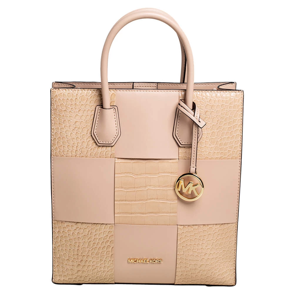 Michael Kors Two Tone Beige Croc Embossed And Leather NS Mercer Shopper Tote For Women