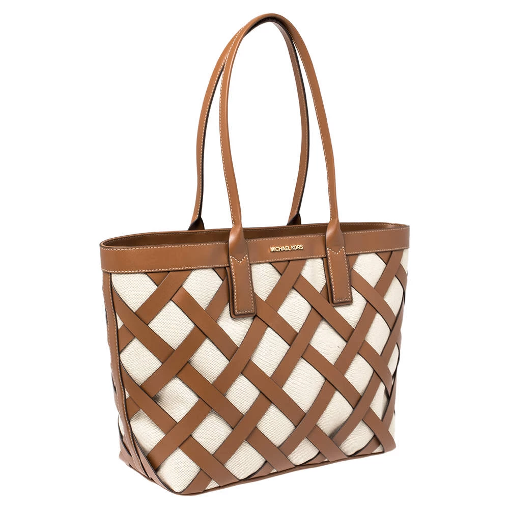 Michael Kors Beige/Tan Canvas And Leather Large Shopper Tote For Women - Image 3
