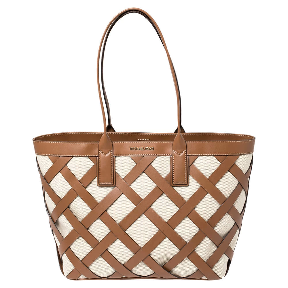 Michael Kors Beige/Tan Canvas And Leather Large Shopper Tote For Women
