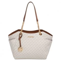 Michael Kors White Signature Coated Canvas Jet Set Travel Chain Tote For Women