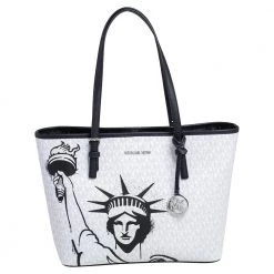 Michael Kors White/Black Coated Canvas Medium New York City Carryall Tote For Women
