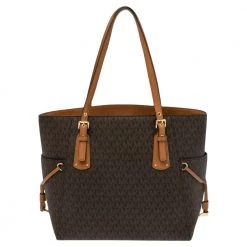 Michael Kors Brown Signature Coated Canvas And Leather Trim Voyager Tote For Women